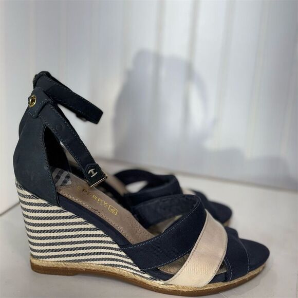 Sperry Top-Sider 9.5 Navy Tan Espadrille Wedge Sandals Striped Nautical Summer - Picture 3 of 6